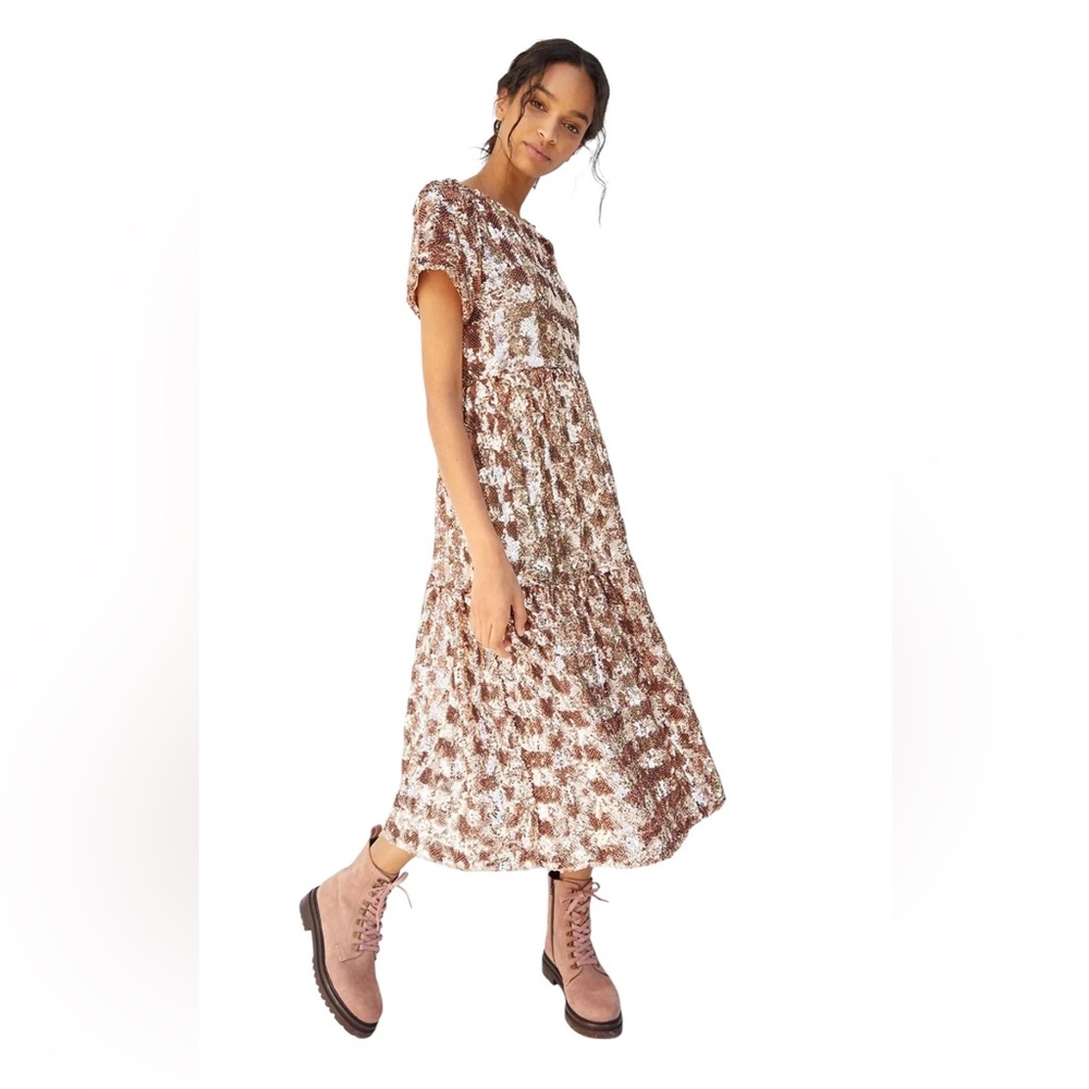 Anthropologie Maeve Rose Gold Sequin Midi Dress